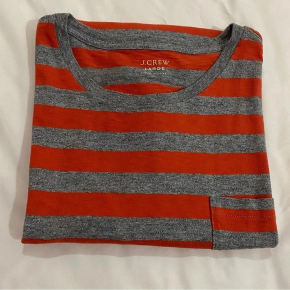 J Crew men orange-gray  striped crewneck Halloween Casual pumpkin tee shirt L - Picture 8 of 8